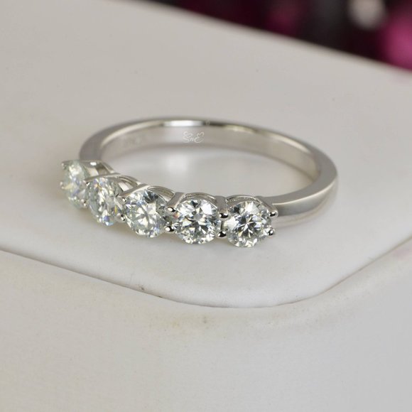 Certified Moissanite Ring .50 ct. Round Brilliant Cut 5 Stone Band Ring - Picture 4 of 7